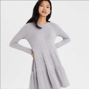 AMERICAN EAGLE Light Grey Soft Rib Knit Long Sleeve Mini Shift Dress